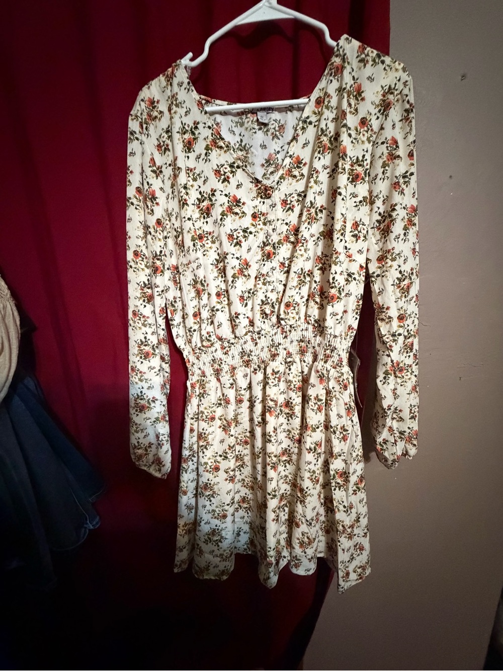 J for Justify Cream Floral Long-Sleeve Smocked-Waist Dress